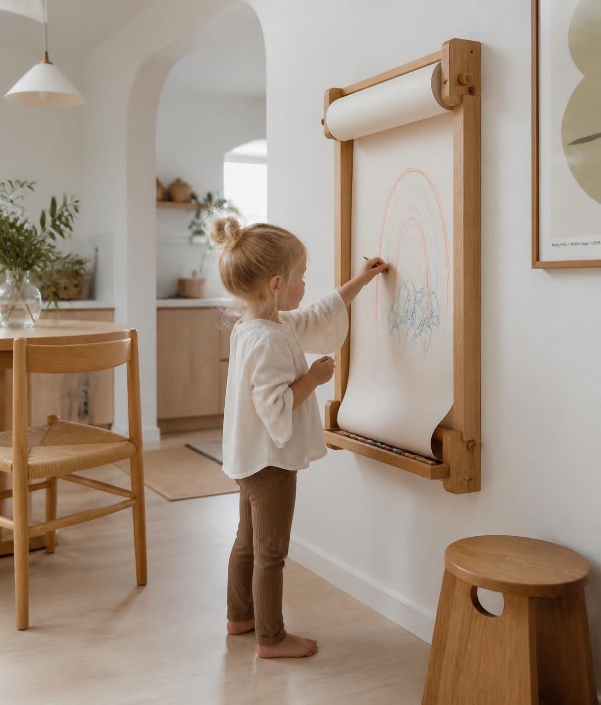 Barn som ritar stående på pappersrullen i den väggmonterade rittavlan